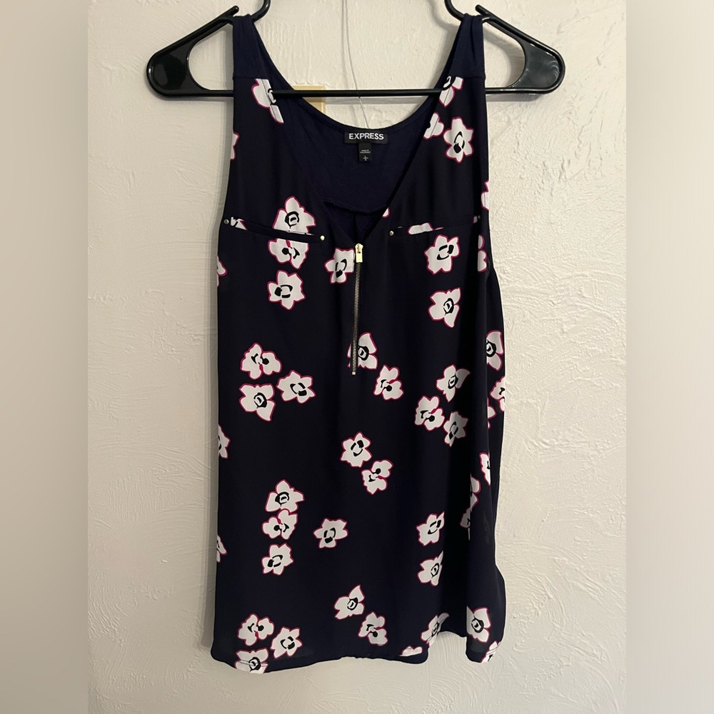 Express Navy floral tank top with zipper front detail